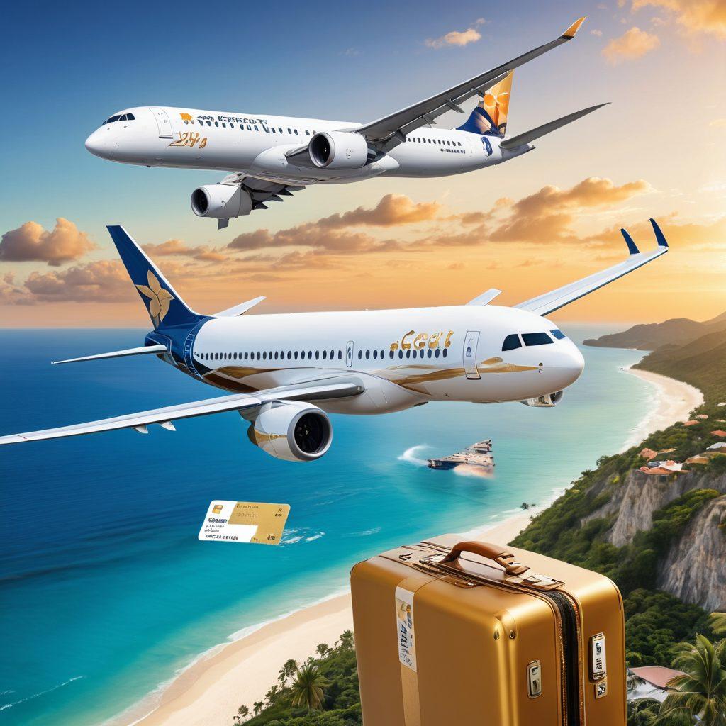 A sleek airplane soaring above diverse, picturesque landscapes, ranging from tropical beaches to bustling cityscapes. The background features a colorful collage of luxury and budget travel symbols, such as a golden credit card, a suitcase with travel stickers, and a budget-friendly boarding pass. In the sky, vibrant travel icons twinkle like stars, depicting the ease of booking flights with GoJet Airline. super-realistic. vibrant colors.