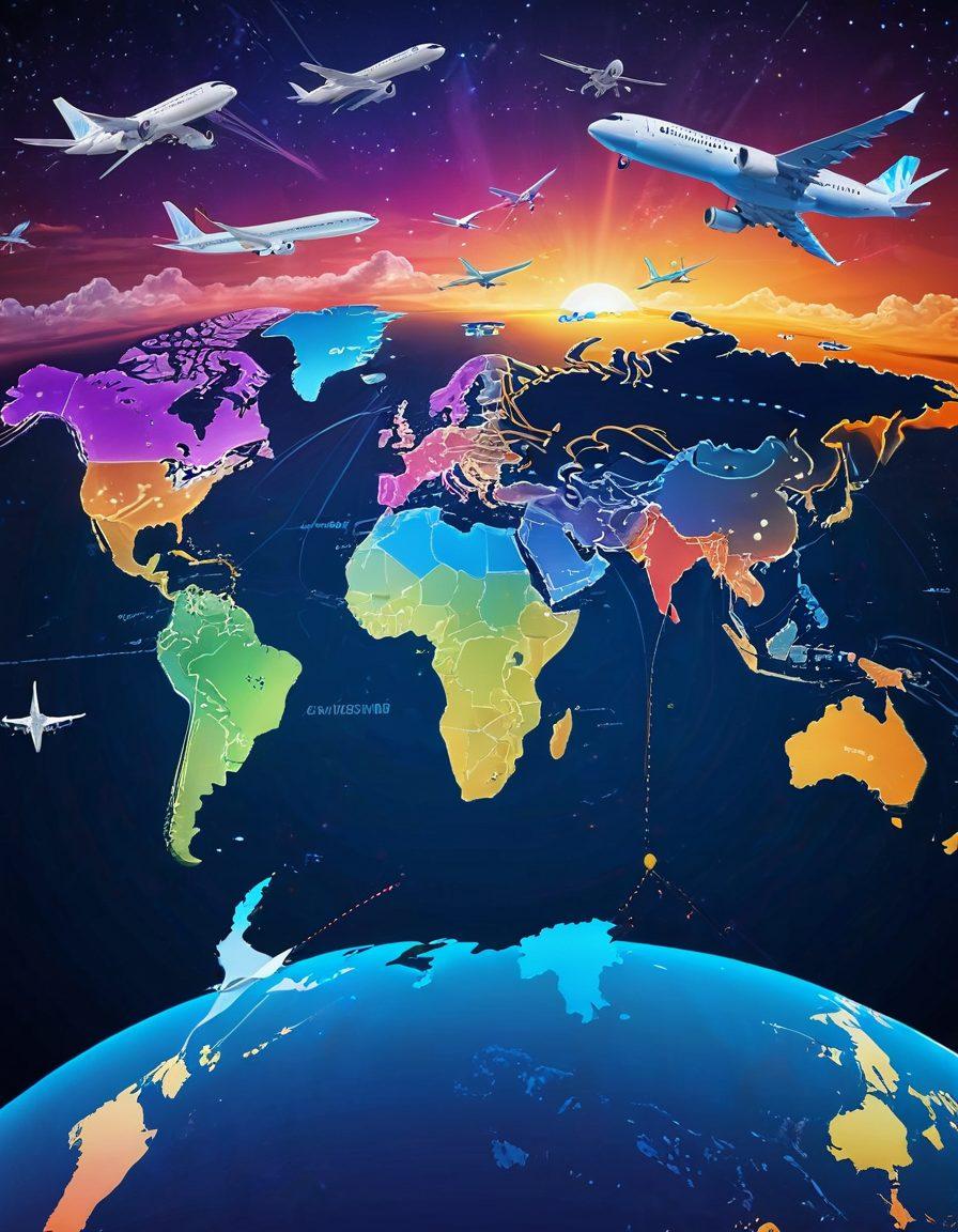 A vibrant world map with flight routes spanning from local cities to international hotspots, featuring airplanes of various sizes and colorful landmarks from different continents. The background should depict a sunrise transitioning into a night sky to signify global connectivity. 3D. vibrant colors.