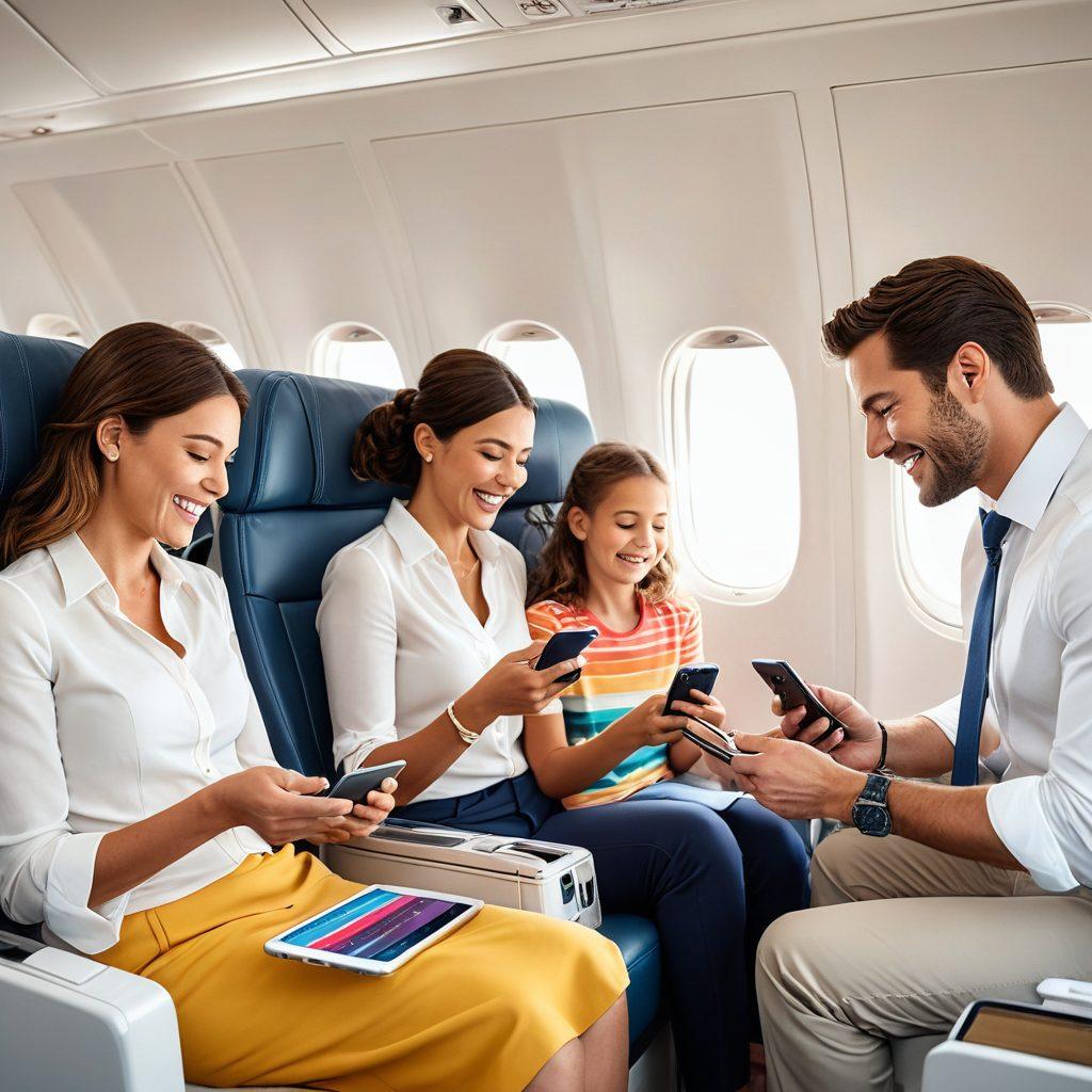 A vibrant scene of a luxurious airplane cabin with happy passengers enjoying amenities and looking at a GoJet app on their phones. In the foreground, a diverse family excitedly checks their mileage rewards and special travel offers. The sky outside the airplane window is clear and bright, representing limitless travel possibilities. super-realistic. vibrant colors. white background.